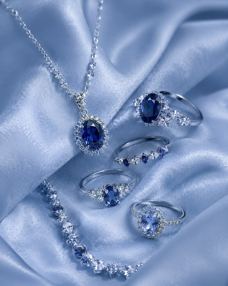Elegant blue sapphire jewelry set with silver necklace and rings