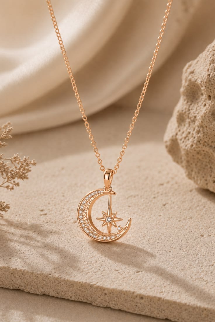 Luna gold necklace with crescent moon and star pendant
