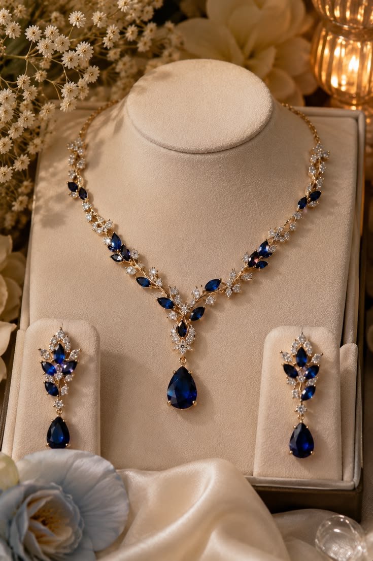 Sapphire blue necklace and earrings jewelry set on a display